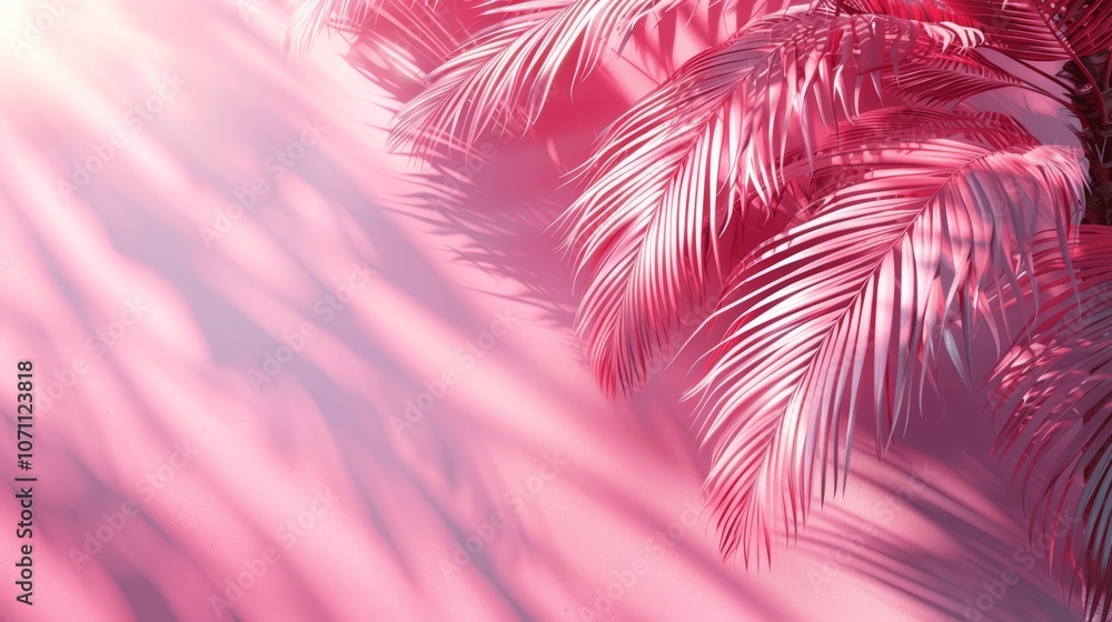 Poster abstract palm leaf shadow on pastel pink wall for product presentation display
