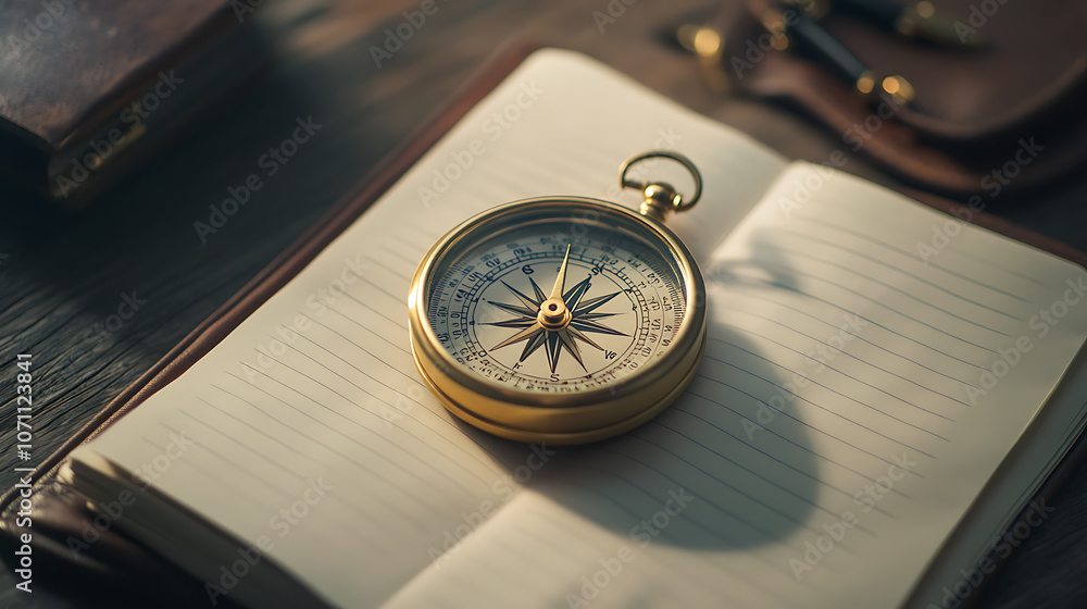 Poster compass placed on an open notebook symbolizes direction and exploration