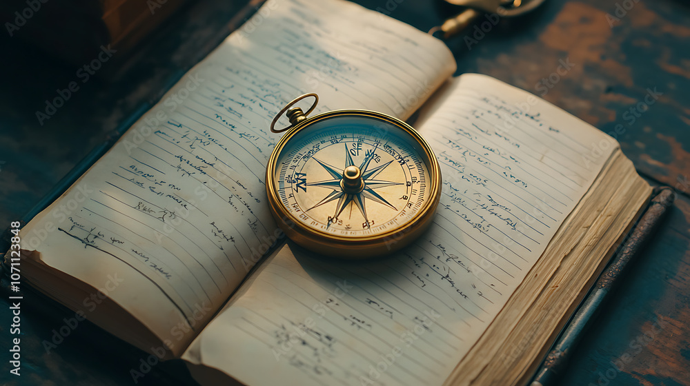 Poster compass placed on an open notebook symbolizes direction and exploration