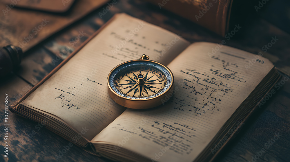 Aufkleber Compass placed on an open notebook symbolizes direction and exploration