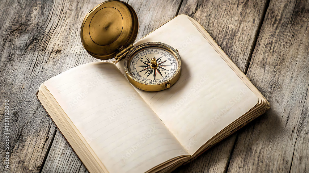 Poster compass placed on an open notebook symbolizes direction and exploration
