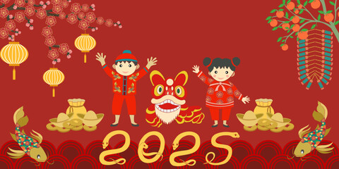 Happy New Year 2025 decor with shape Chinese boys and girls, firecrackers,  lanterns, dragon danceand ,orange tree,chinese money, plum blossom ,fish and entwined Snake shape 2025 on red background. 
