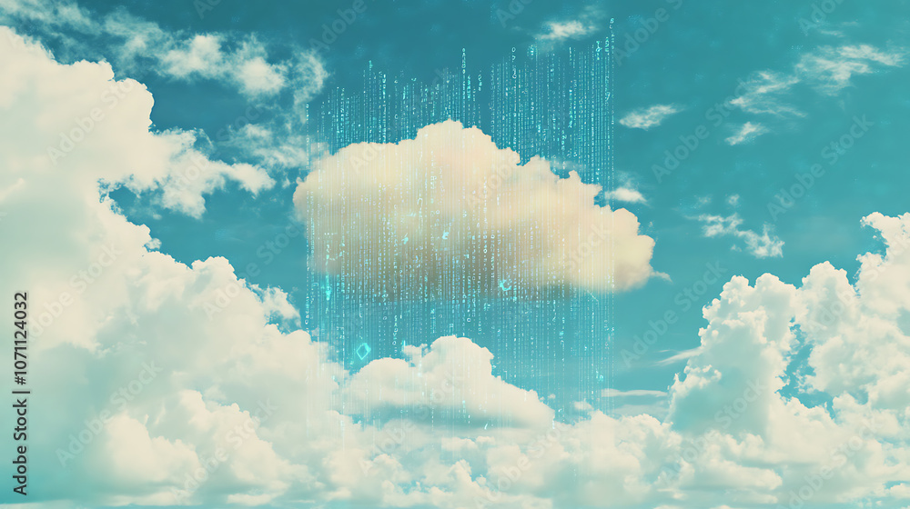 Poster digital cloud and data overlays on a sky background, symbolizing ai-powered weather prediction and c