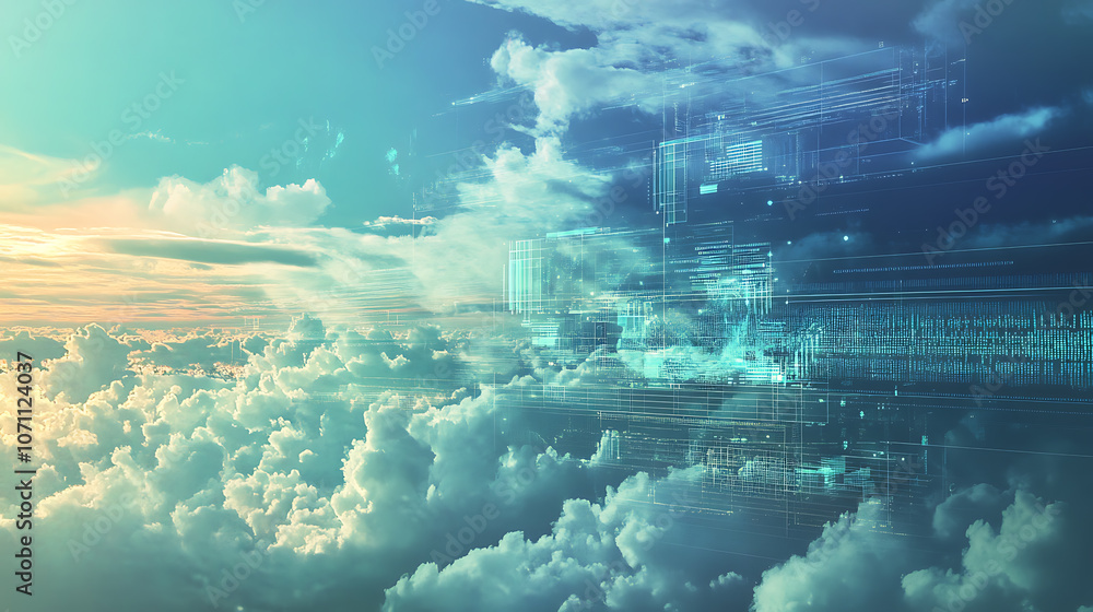 Poster digital cloud and data overlays on a sky background, symbolizing ai-powered weather prediction and c
