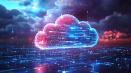 Digital cloud and data overlays on a sky background, symbolizing ai-powered weather prediction and climate modeling