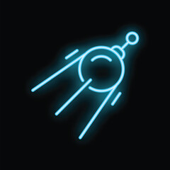 Blue neon satellite icon is orbiting earth, leaving glowing light trails in its wake