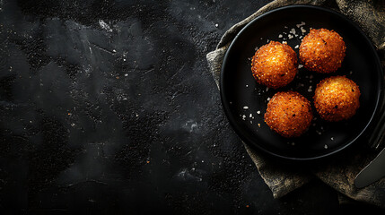 Deep fried arancini balls on a rustic background - traditional Italian cuisine, Stuffed rice balls