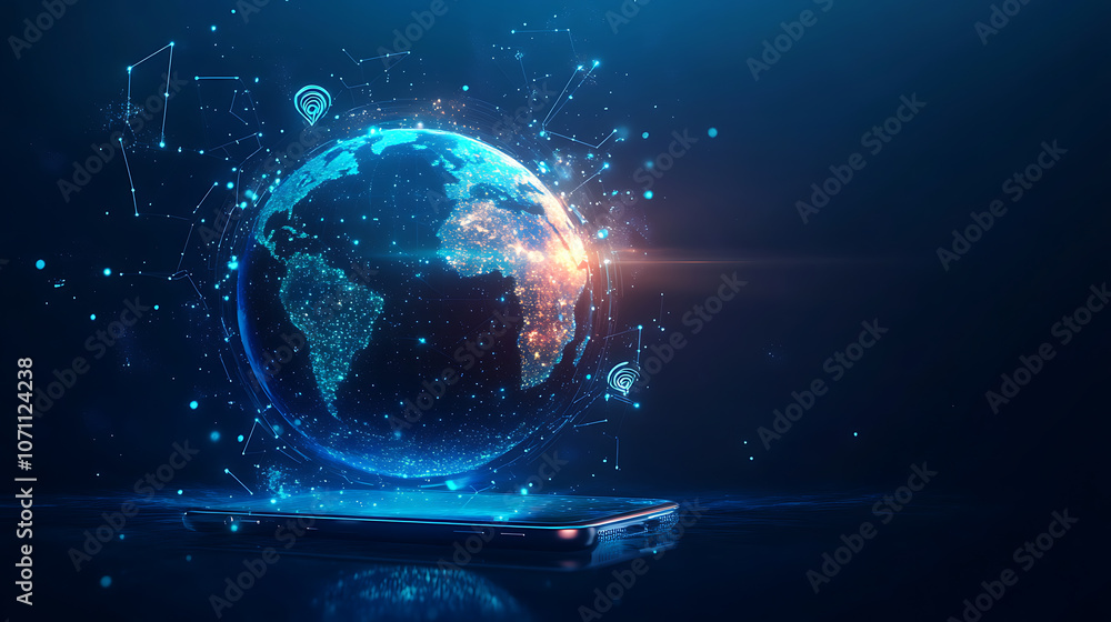 Poster digital technology concept, earth hologram with global network and connectivity icons floating above