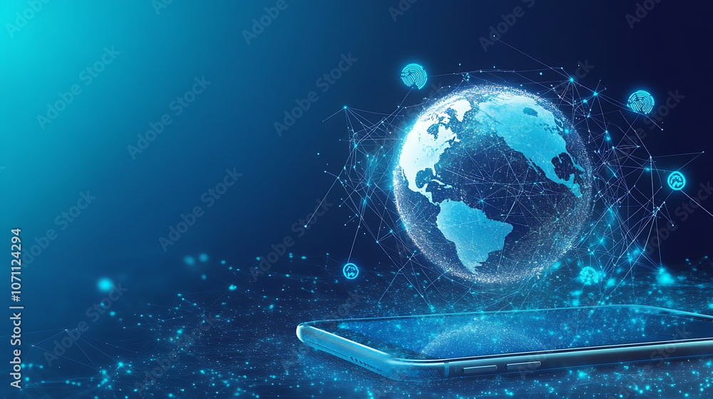 Aufkleber digital technology concept, earth hologram with global network and connectivity icons floating above