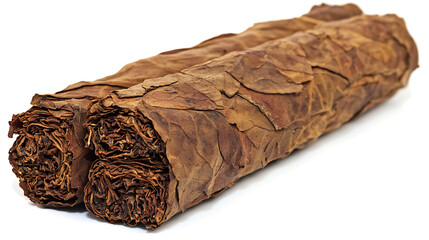 Dried tobacco leaves are tightly bound together, have complex veining and texture, and are ready to be rolled into cigars