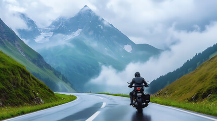 Motorcycle rider on a mountainous highway in Europe, Austria, the Alps, cold, overcast weather, extreme sports, an active lifestyle, and the idea of adventure touring