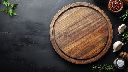 On black table, circular wooden tray or cutting board, Top view of barren kitchen with saw-cut imitation trendy rustic wooden tray, Background of food and menu items