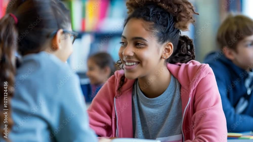 Poster This Two girls share smiles and laughter while collaborating on a project in class.