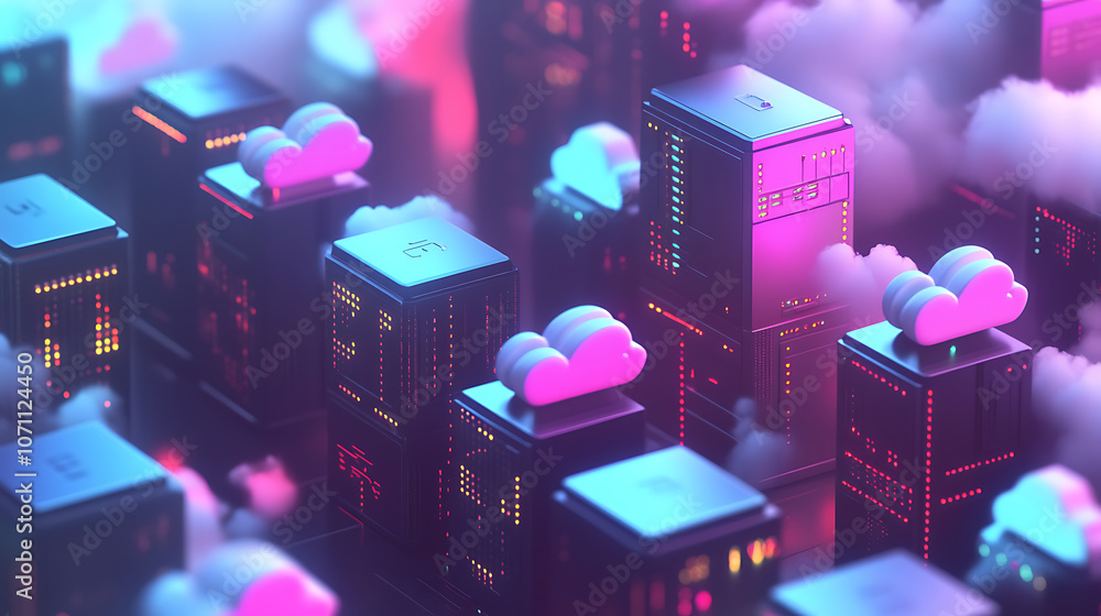Poster data center with digital cloud icons representing cloud budgeting and monitoring