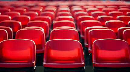 Obraz premium Several rows of red plastic grandstand seats in a daylight, open-air stadium