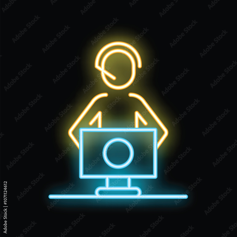 Poster neon icon of a customer service agent working on a computer while wearing a headset