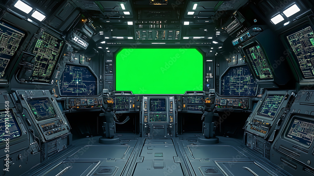 Aufkleber spaceship cockpit view with futuristic control panels and green screen