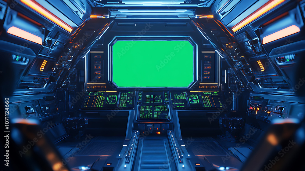 Aufkleber spaceship cockpit view with futuristic control panels and green screen