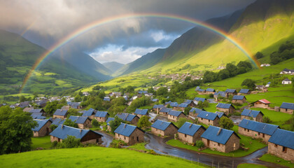 Quaint Autumn Village with Rainbow Over Colorful Trees and Rustic Farmhouses in Peaceful Countryside