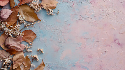 Frame made of leaves, autumn, dry autumn leaves and flowers on pastel background, top view, copy space