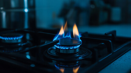 blue gas flame on kitchen stove burner horizontal banner representing rising energy costs and economic crisis