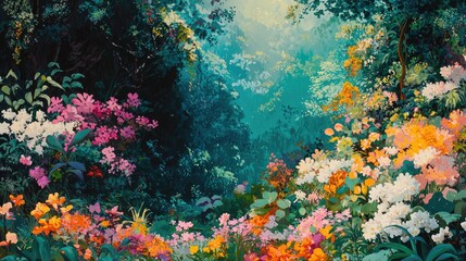 A vibrant, colorful depiction of a blooming flower meadow nestled amidst a verdant forest.
