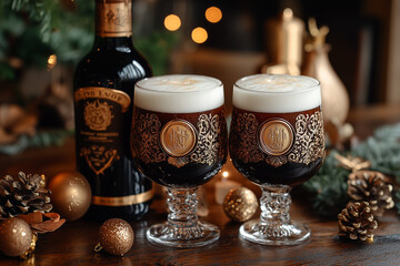 Two glasses of beer with a bottle of beer in the background