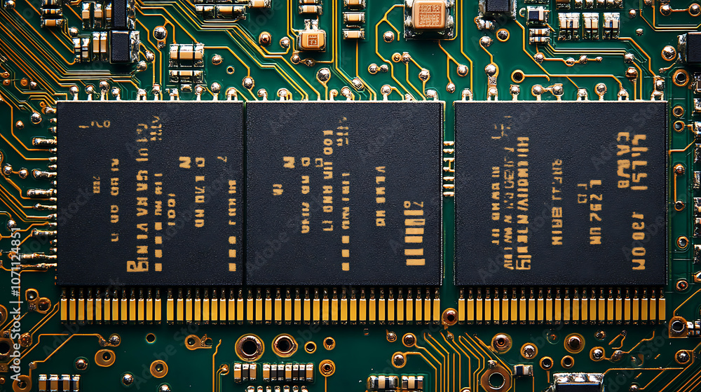Poster circuit board with computer chips memory modules and processors macro photography