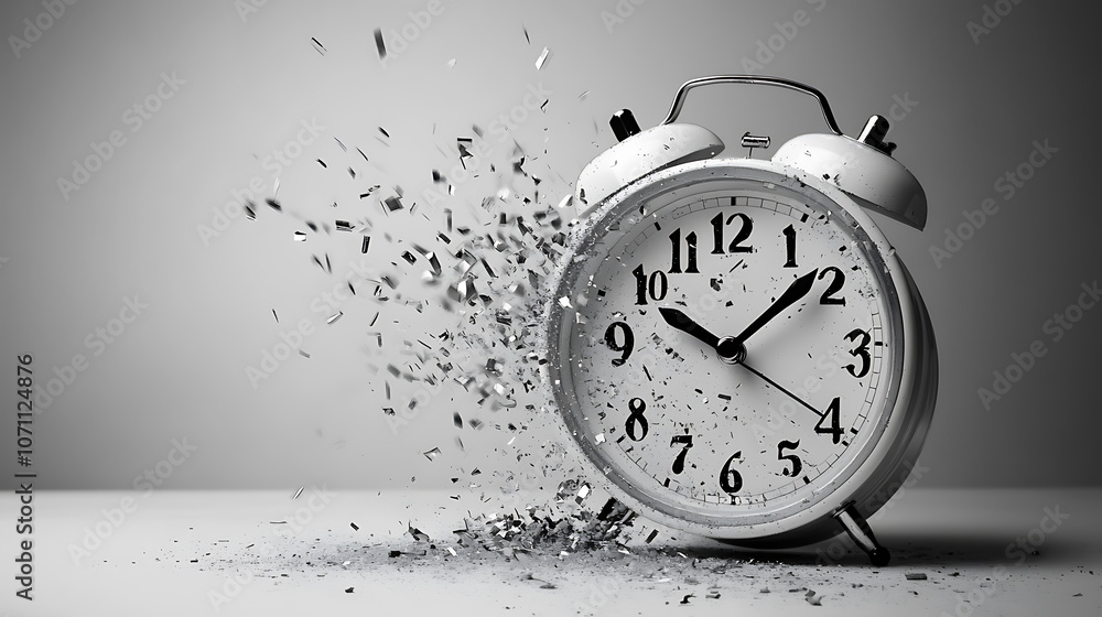 Poster there is not much time left, flying numbers on white alarm clock represent lost time, time is limite