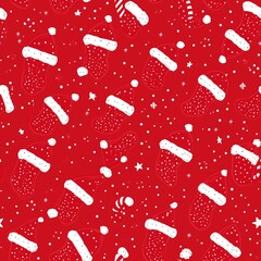 Seamless Pattern of Playful Santa Claus Hats and Stockings Ideal for Holiday-Themed Merchandise and Decor