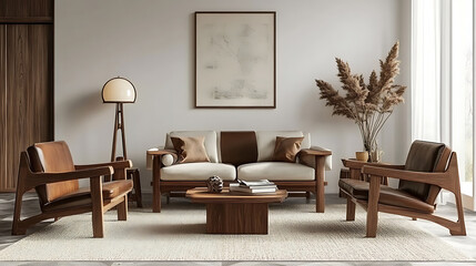 classic scandinavian midcentury modern living room with wood and leather chairs 3d rendering