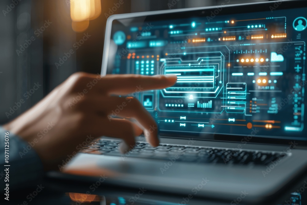 Poster businessman using laptop and touching virtual screen for digital id creation in online record system