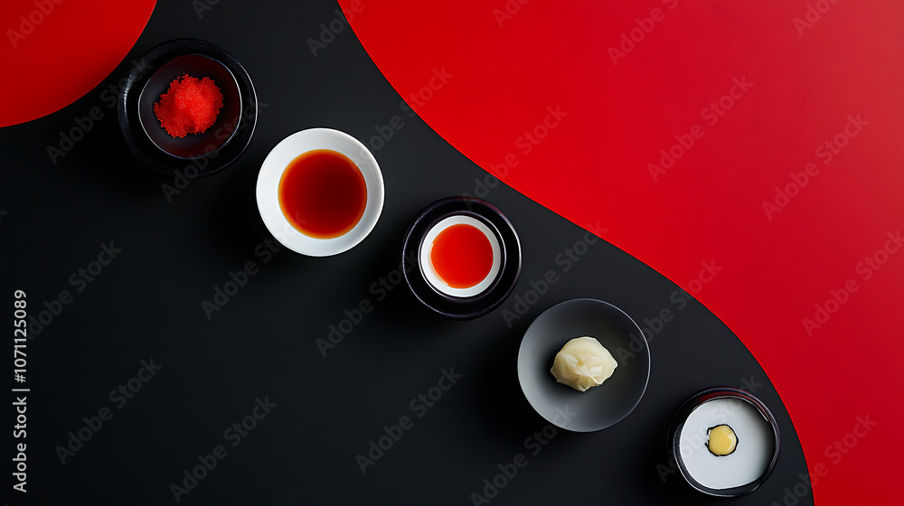 Aufkleber top view of sushi and sauces on a black and red background
