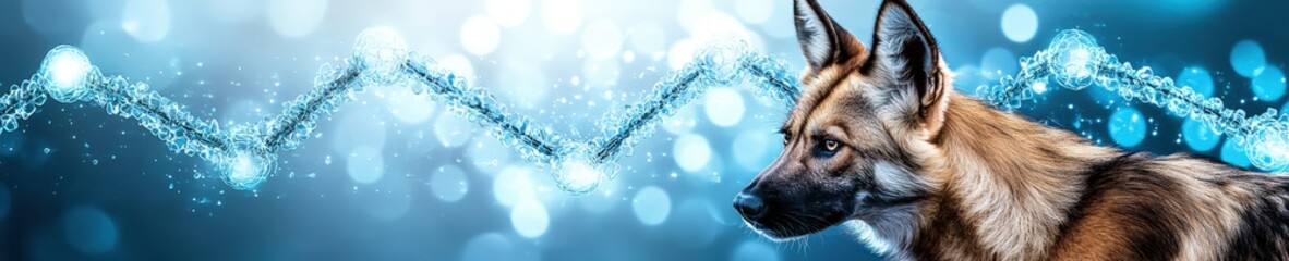 African wild dog with DNA strands glowing subtly in background