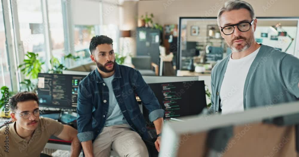 Poster Office, men and brainstorming on board for coding project with teamwork and collaboration as software engineer. People, employees and training with learning for system update, programming or strategy