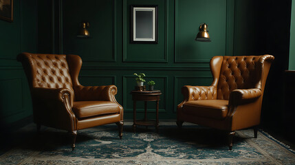 Obraz premium Two brown leather chairs in a room with dark green walls
