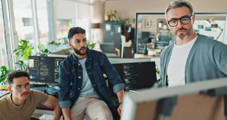 Office, men and brainstorming on board for coding project with teamwork and collaboration as software engineer. People, employees and training with learning for system update, programming or strategy - Powered by Adobe