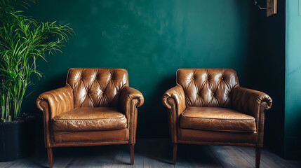 Obraz premium Two brown leather chairs in a room with dark green walls