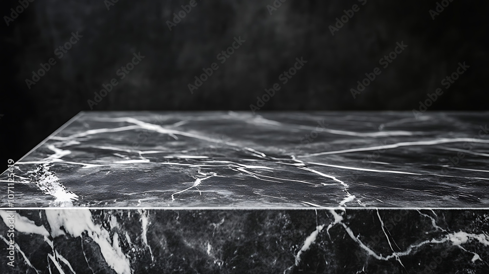 Aufkleber empty grey marble tabletop with dark black cement stone background for product displayed in rustic mood and tone, luxury background for product stand with empty copy space for party, promotion