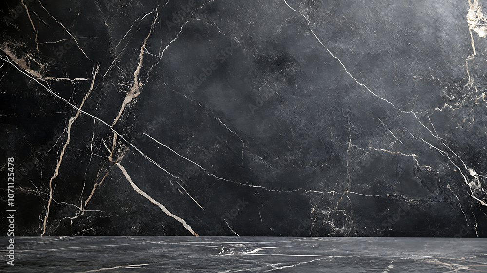 Fototapete empty grey marble tabletop with dark black cement stone background for product displayed in rustic m