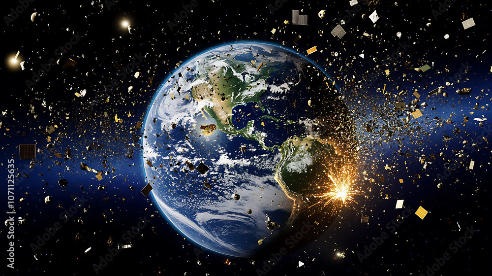Poster image showing numerous pieces of orbital debris surrounding earth, highlighting the issue of space j