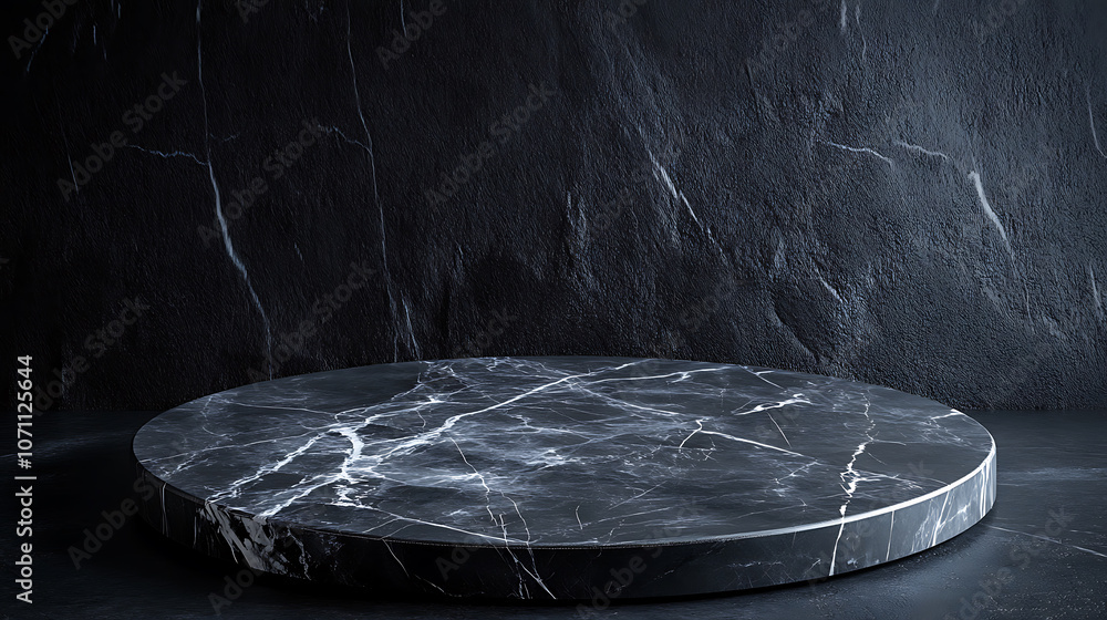 Aufkleber empty grey marble tabletop with dark black cement stone background for product displayed in rustic mood and tone, luxury background for product stand with empty copy space for party, promotion