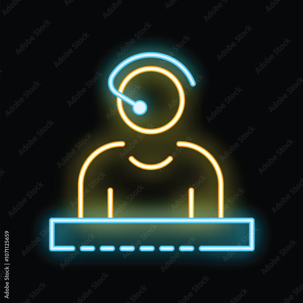 Poster neon sign illustrating a customer service representative wearing a headset and working on a computer