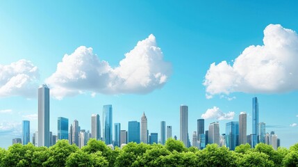 Fototapeta premium A panoramic view of a modern city skyline with towering skyscrapers and glass facades, representing urban development, commercial real estate, and thriving metropolises.