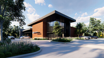 exterior view of modern medical building with sleek architecture showcasing main entrance brick facade and corporate signage