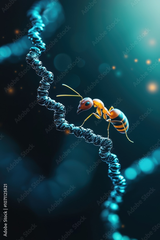 Poster ant and dna helix pattern, representing structured colony behavior