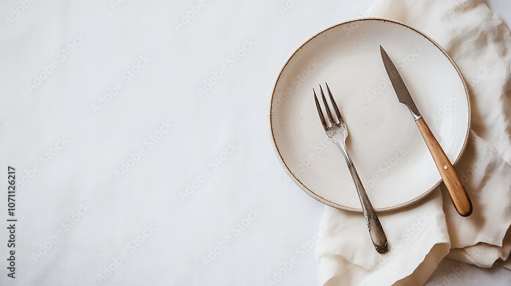 Poster modern ceramic tableware is displayed from a top view on a white linen tablecloth, providing copy sp