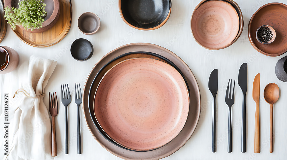 Poster modern ceramic tableware is displayed from a top view on a white linen tablecloth, providing copy sp