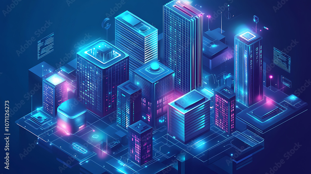 Poster intelligent building or smart city isometric vector concept, automation of buildings using an exampl
