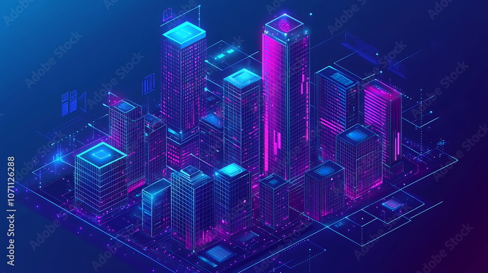 Poster intelligent building or smart city isometric vector concept, automation of buildings using an exampl